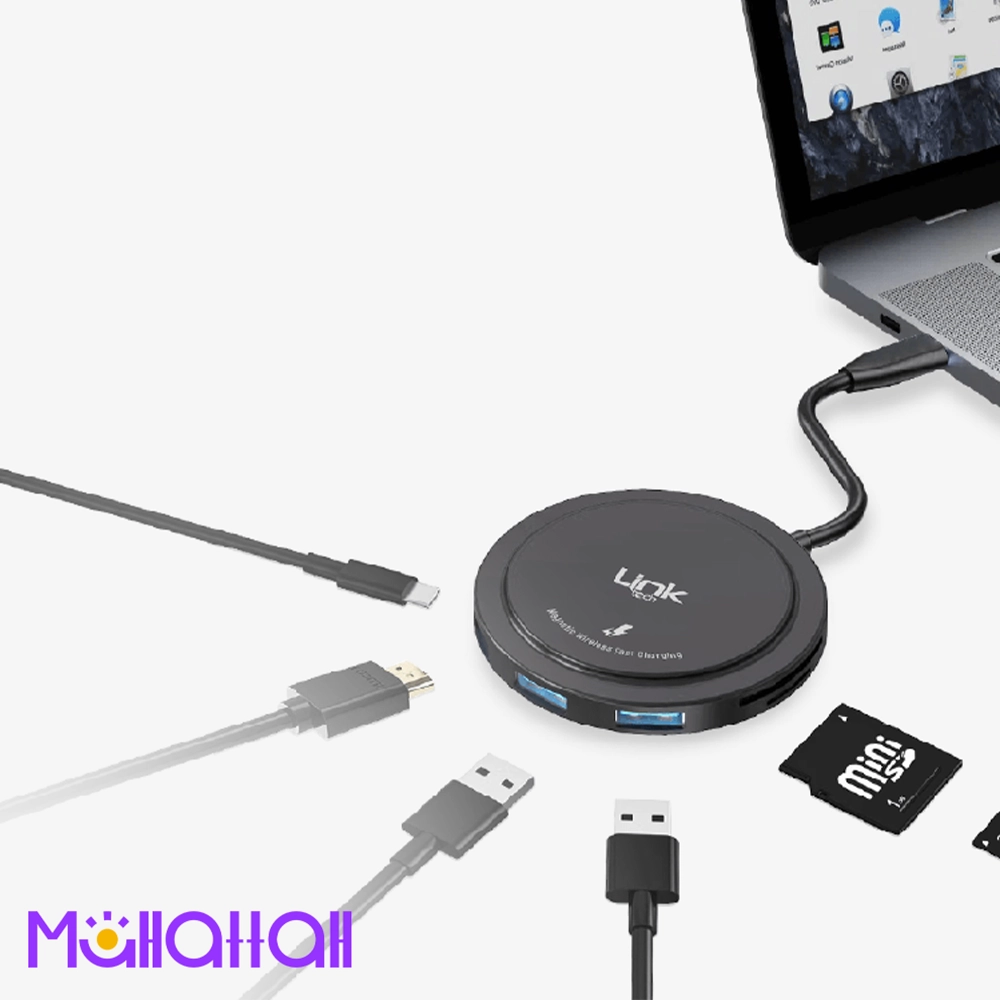 لوحة شاحن لاسلكي متعددة الوظائف A200 بريميوم - 6 في 1 مع Hub Type-C وقارئ بطاقات لوحة شاحن لاسلكي 6 في 1